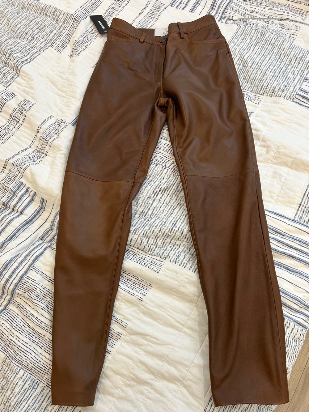 Classic High-Rise Genuine Leather Pants - Brown